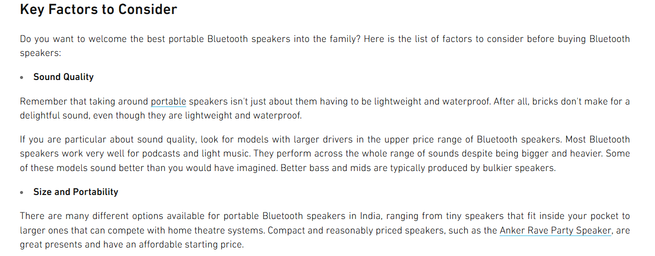 Image that shows internal linking on the keyword portable speaker from a article