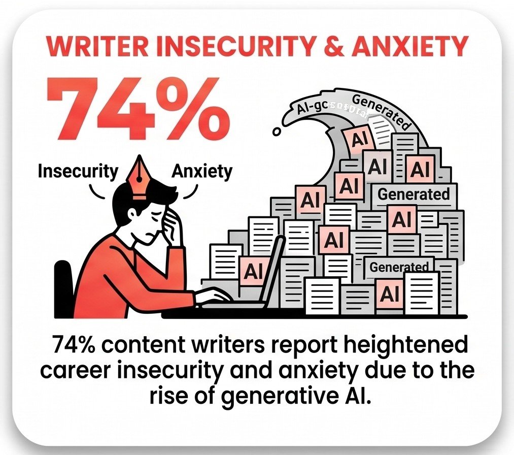 74% of content writers report insecurity and anxiety due to Gen AI tools