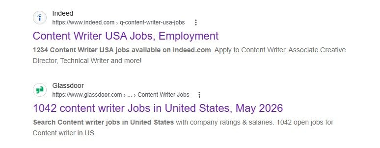 Screenshot of jobs in USA from Indeed & Glassdoor