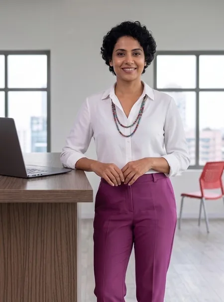 Professional standing near a desk